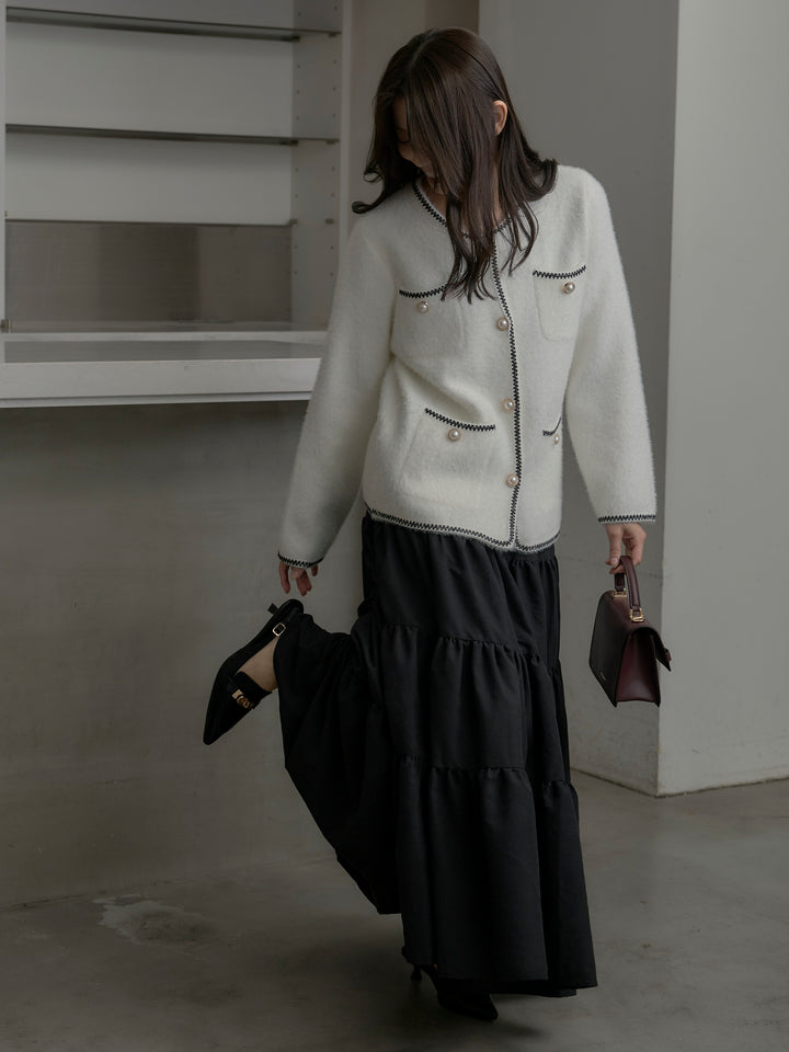 【SET】モヘアタッチパールボタンニットカーディガン+【Essential】ピーチスキンティアードスカート(2set)