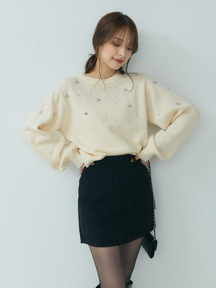 【SET】ビジューニットトップス+ベロアミニスカート(2set)
