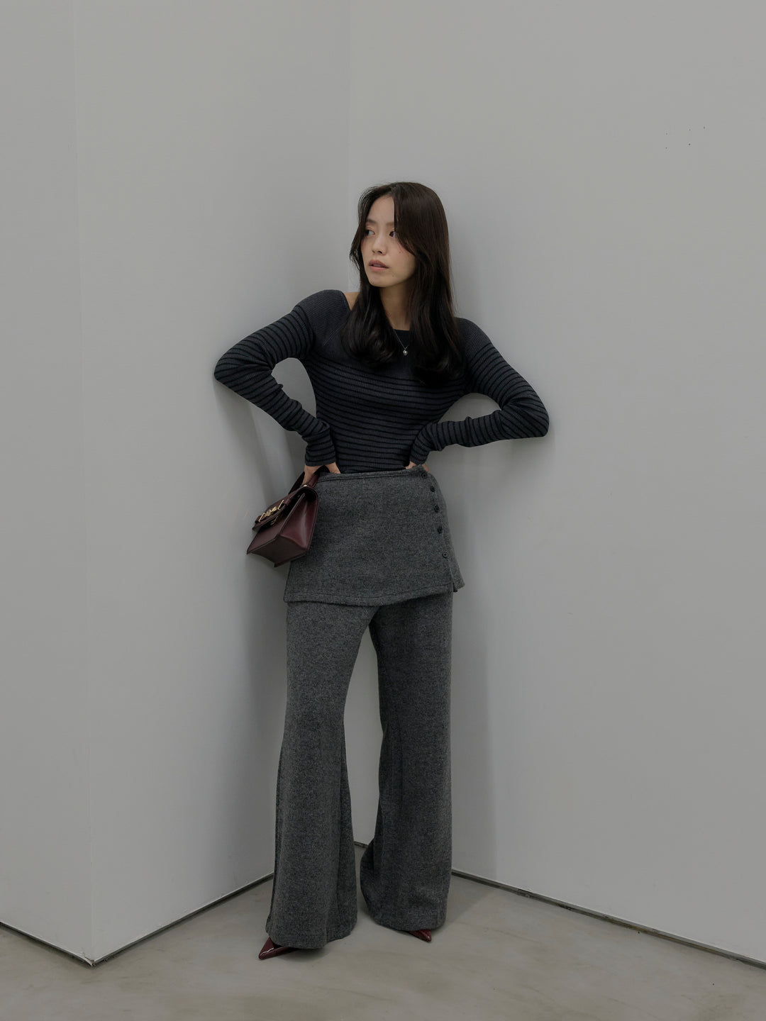 【SET】ハーフボーダーニットトップス+ミックスヤーンニットラップパンツ(2set)