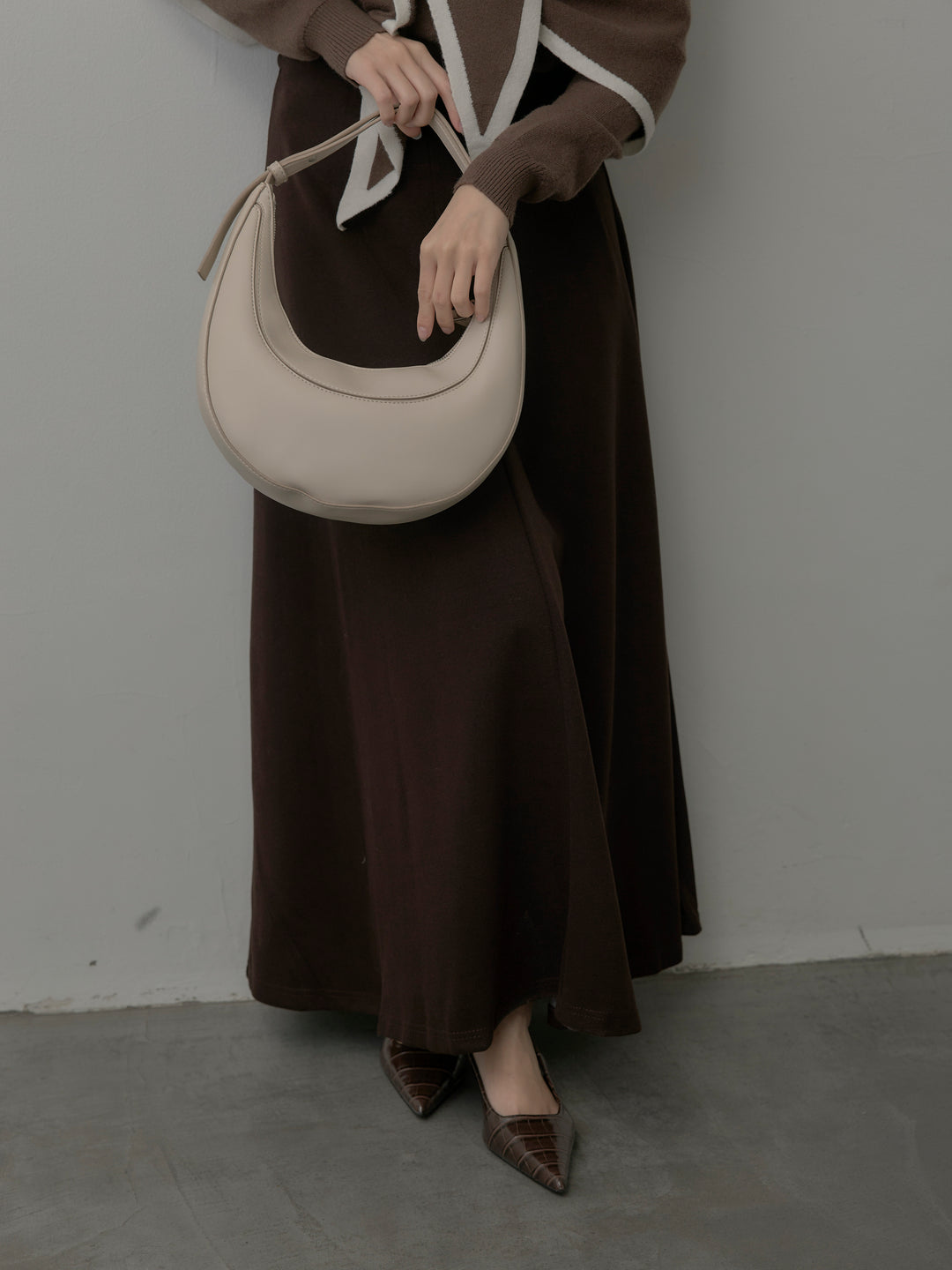 【SET】配色スカーフ付きニットトップス+リラクシーフレアロングスカート(2set)