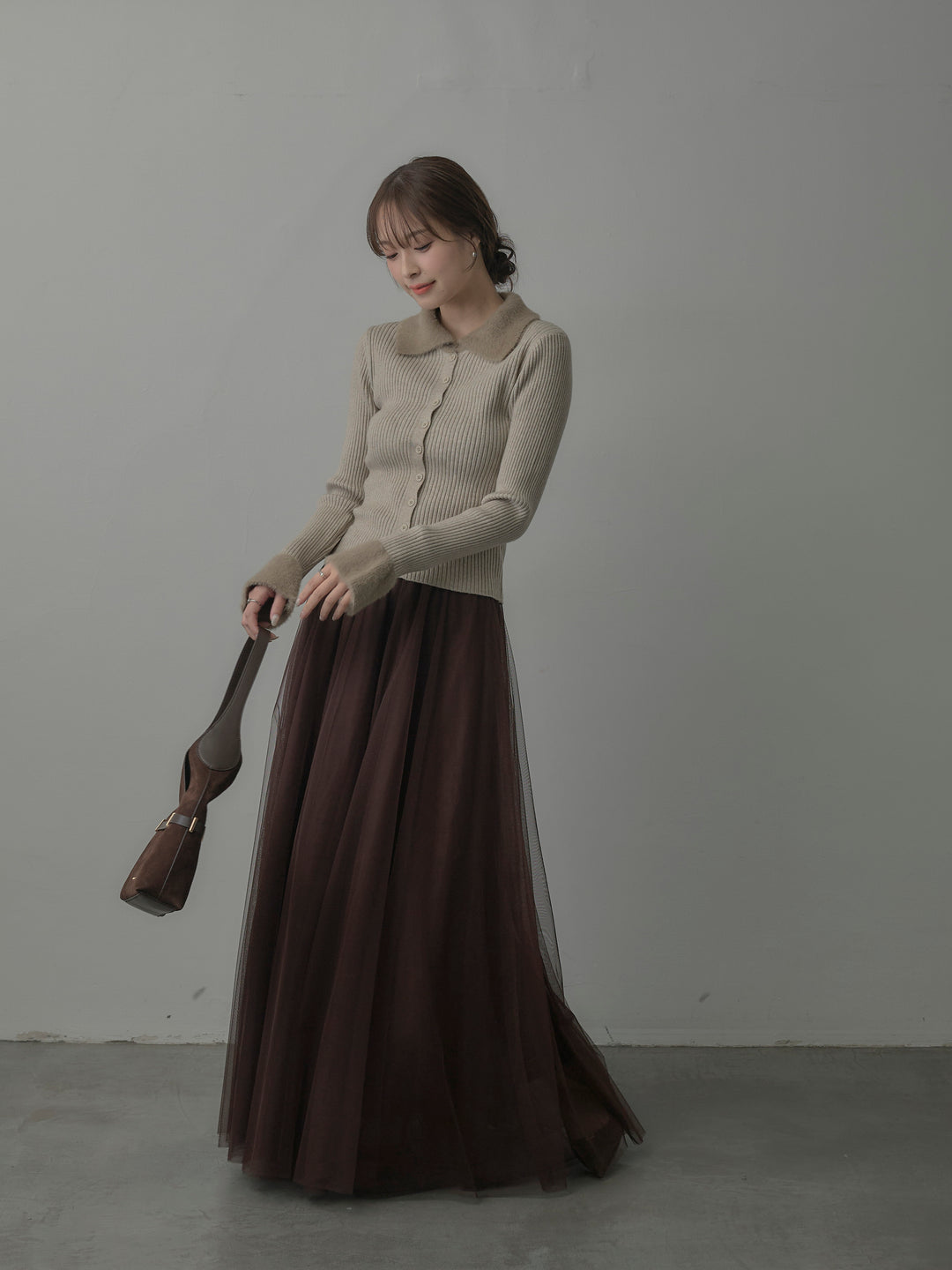 【SET】シャギー襟リブニットポロトップス+ボリュームチュールスカート(2set)