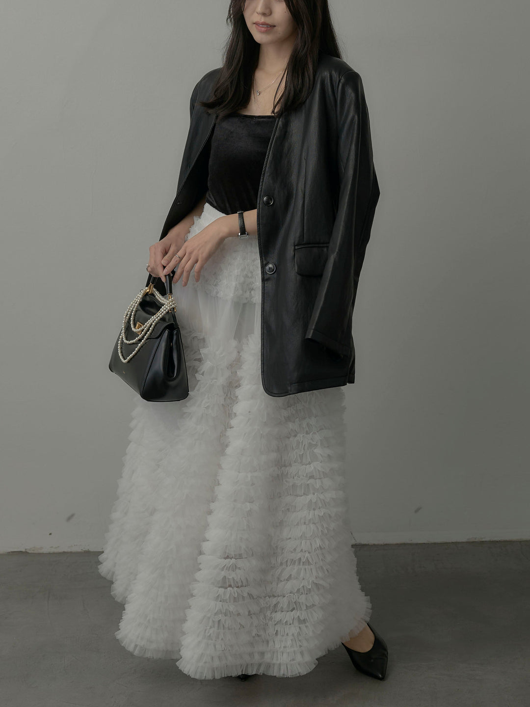 【SET】レザーノーカラージャケット+ドラマチックフリルチュールスカート(2set)