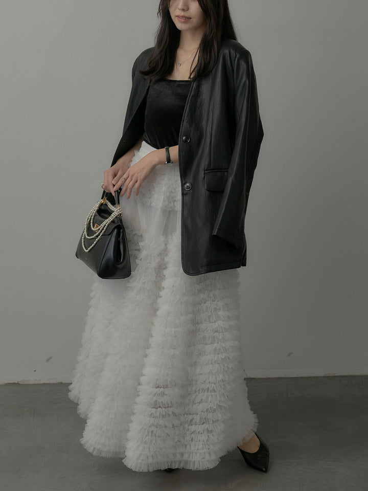 【SET】レザーノーカラージャケット+ドラマチックフリルチュールスカート(2set)