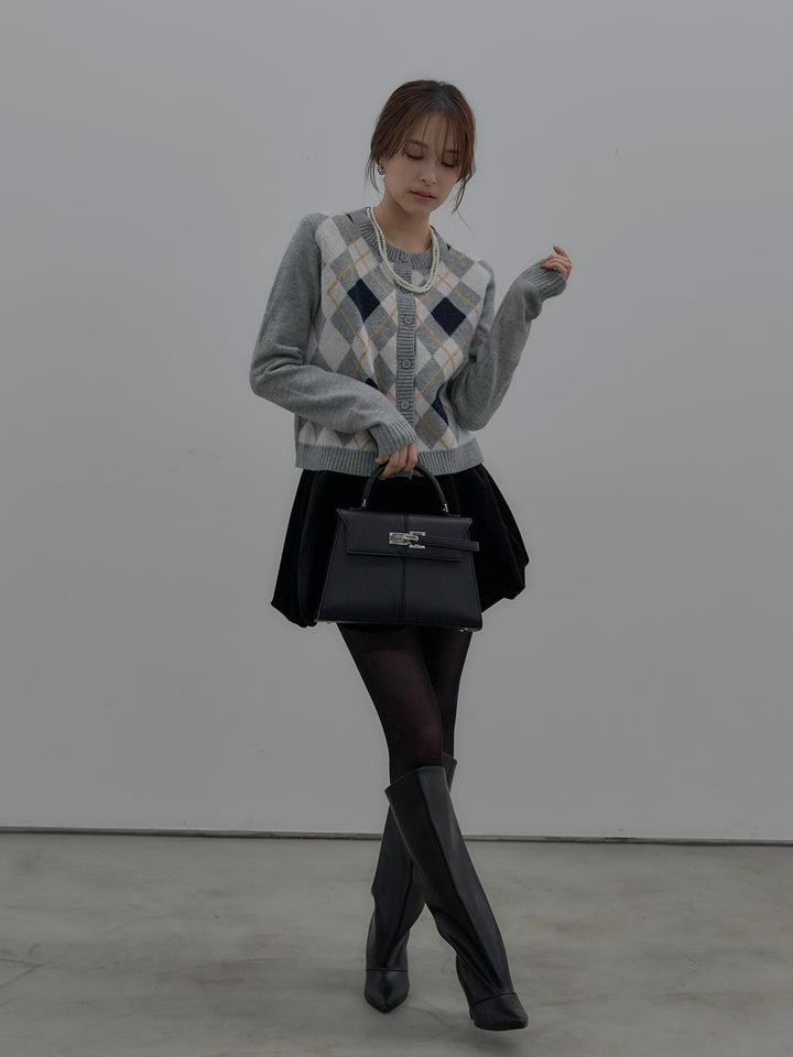【SET】アーガイル柄コンパクトニットカーディガン+ベロアバルーンミニスカート(インパン付き)(2set)