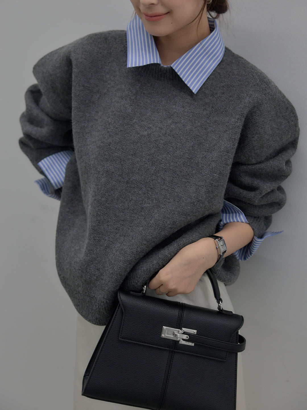 【SET】シャツドッキング肉厚ニットプルオーバー+ナローAラインサテンスカート(2set)