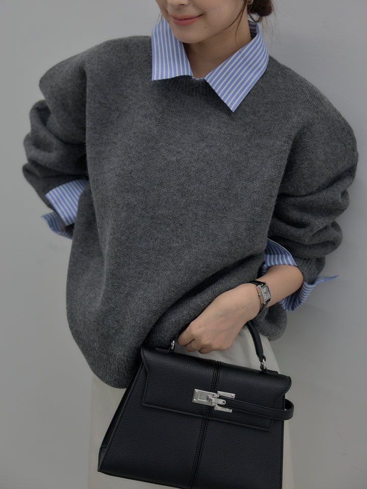 【SET】シャツドッキング肉厚ニットプルオーバー+ナローAラインサテンスカート(2set)