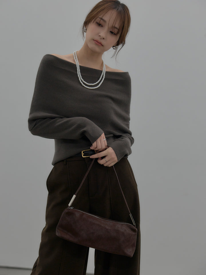 【SET】【premium touch】ソフトリブオフショルニットトップス+カーブデザインスウェットライクパンツ(2set)