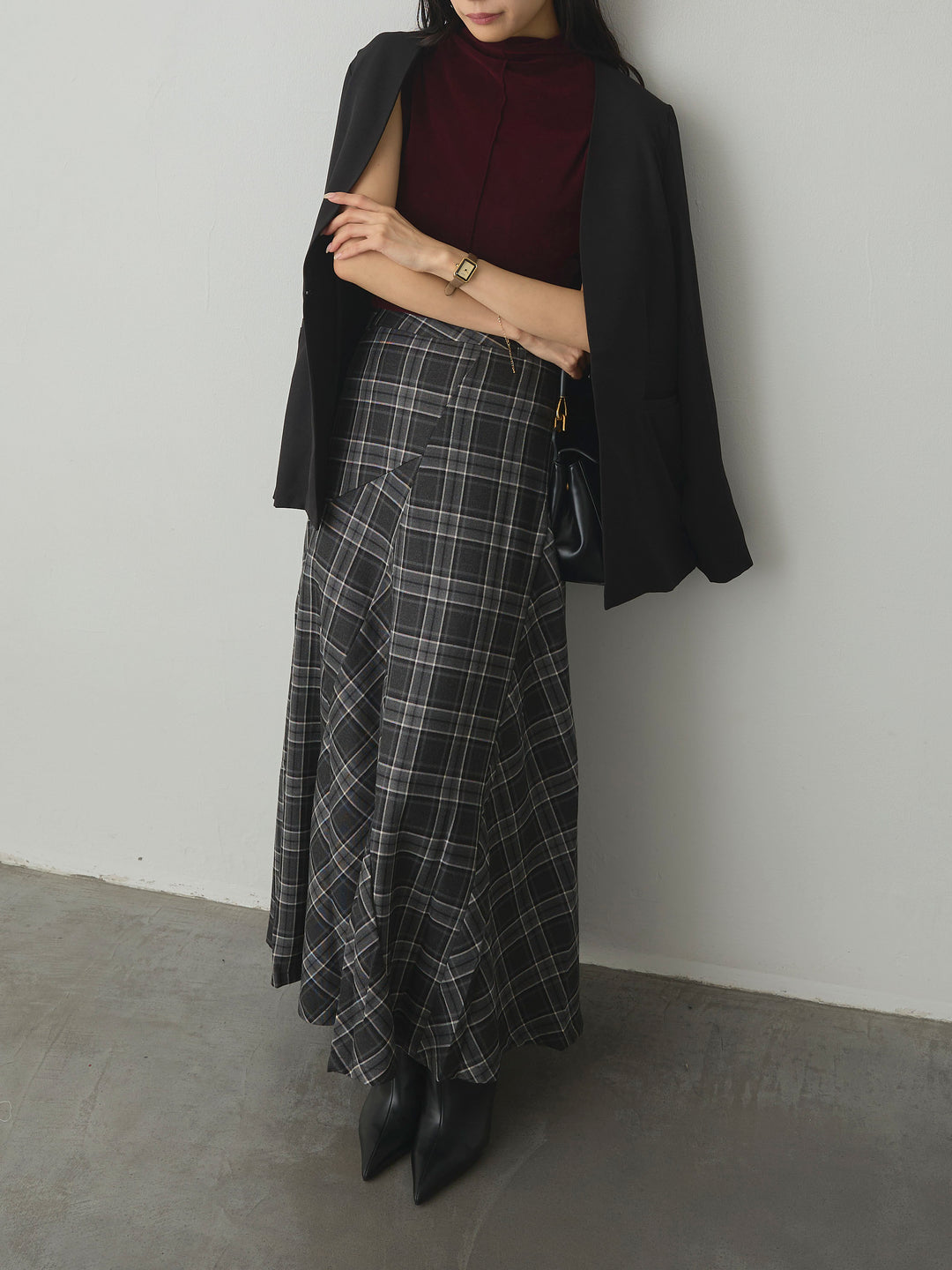 【SET】【Essential】フロントホックノーカラージャケット+クラシカルチェックパネルスカート(2set)