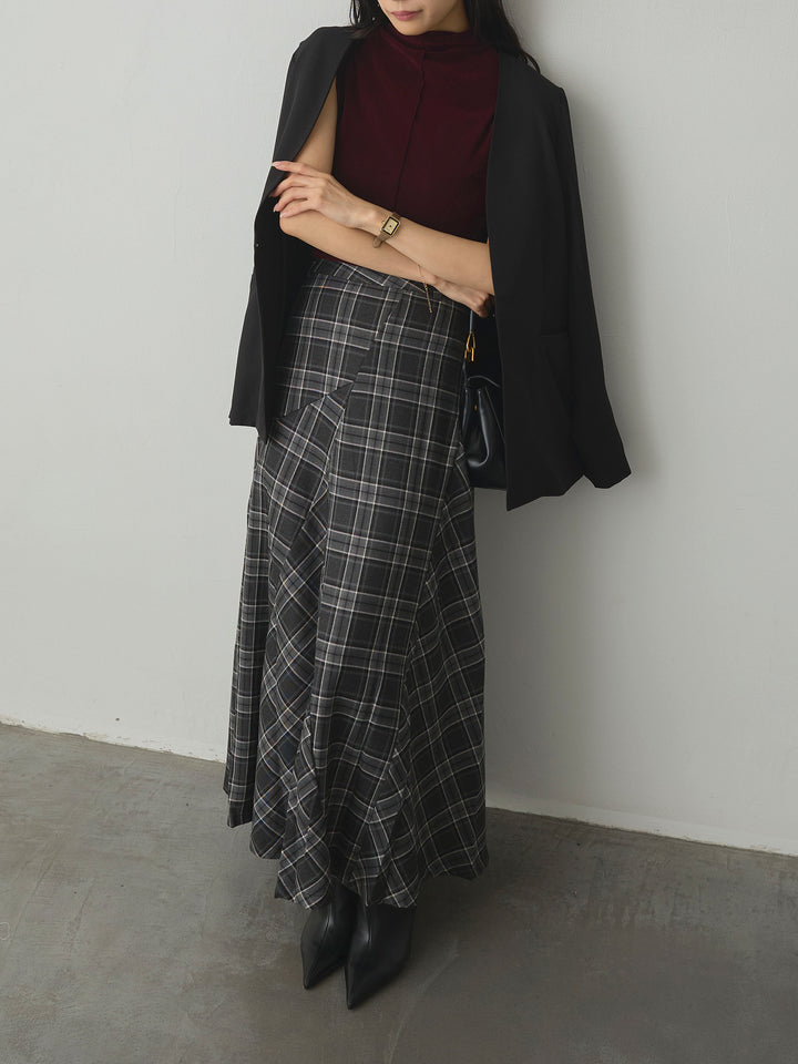 【SET】【Essential】フロントホックノーカラージャケット+クラシカルチェックパネルスカート(2set)