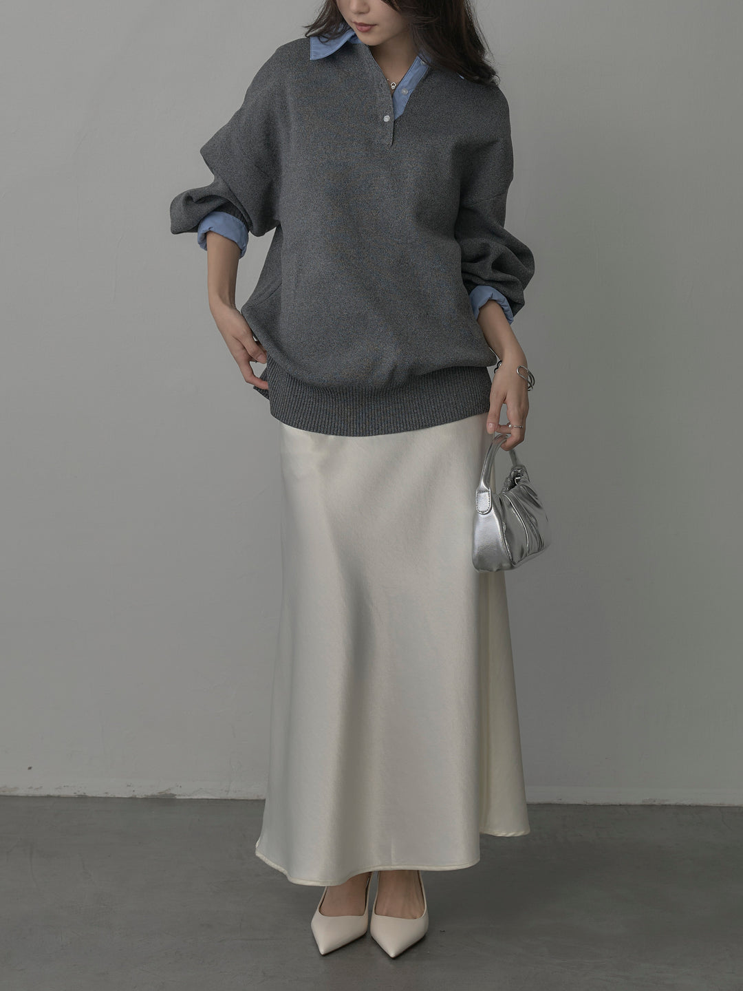 【SET】襟付きポロトップス+ナローAラインサテンスカート(2set)