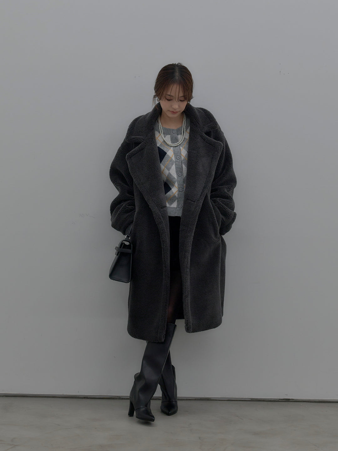 【SET】テディボアロングコート+ベロアバルーンミニスカート(インパン付き)(2set)