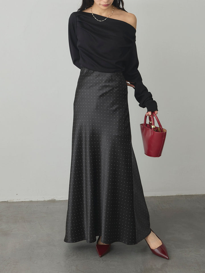 【SET】【Essential】2wayショルダードレープカットトップス+ドットサテンスカート(2set)