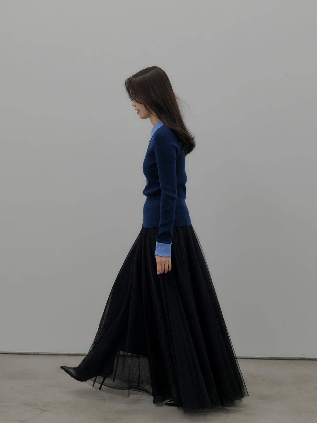 【SET】配色カフスニットポロ+ボリュームチュールスカート(2set)