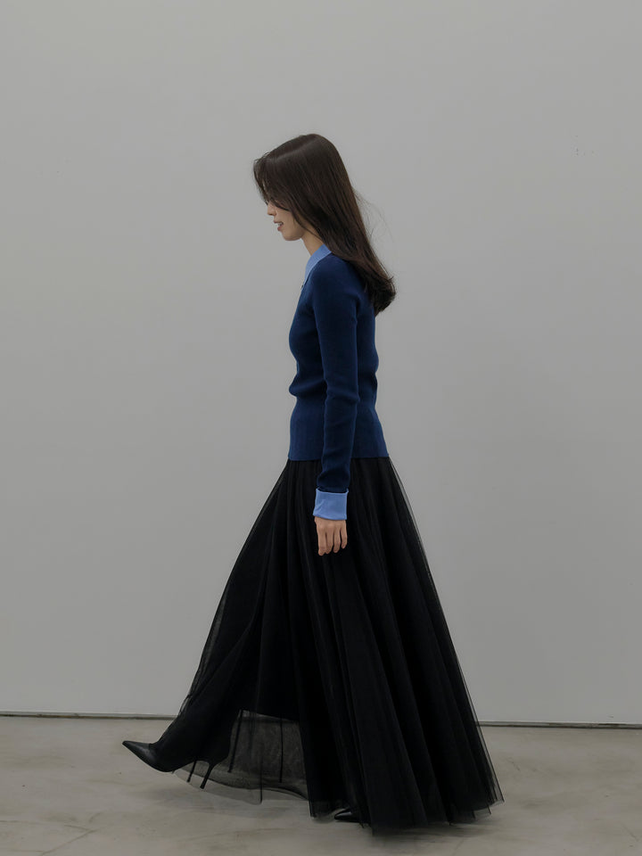 【SET】配色カフスニットポロ+ボリュームチュールスカート(2set)