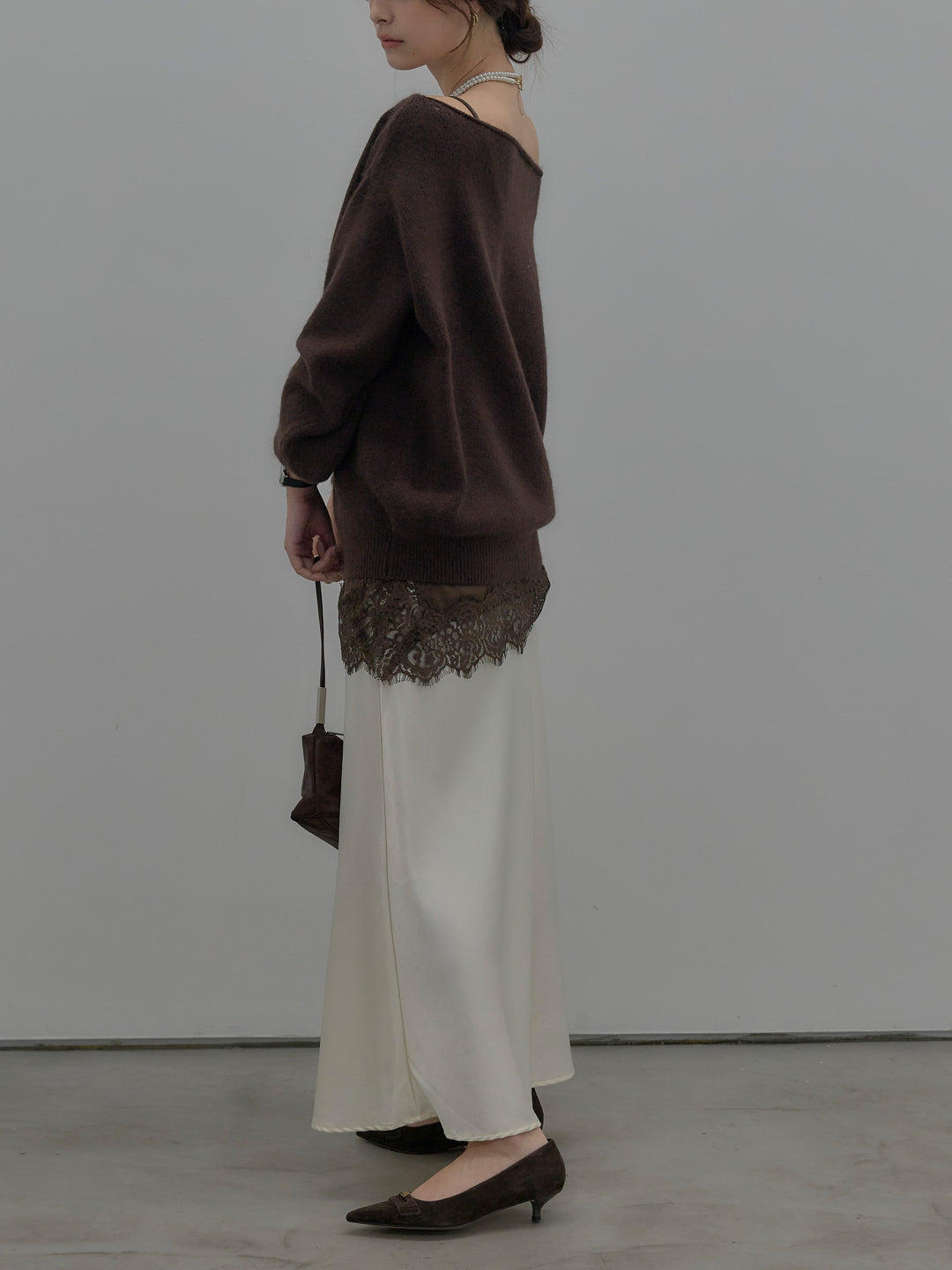 【SET】【premium touch】2wayショルダーニットプルオーバー+レースサテンキャミソール+ナローAラインサテンスカート(3set)