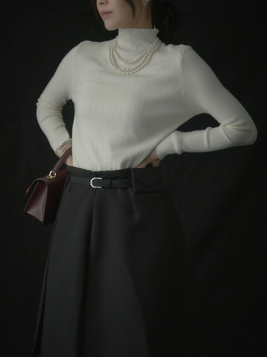 【SET】リブニットタートルネック+ウエストポーチ付きミディスカート(2set)