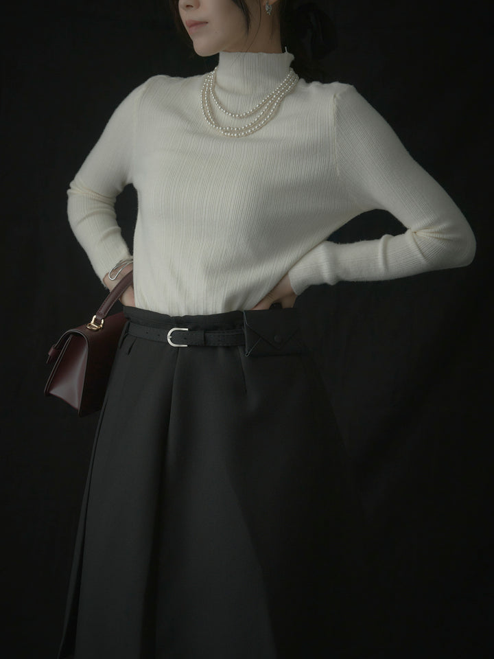 【SET】リブニットタートルネック+ウエストポーチ付きミディスカート(2set)