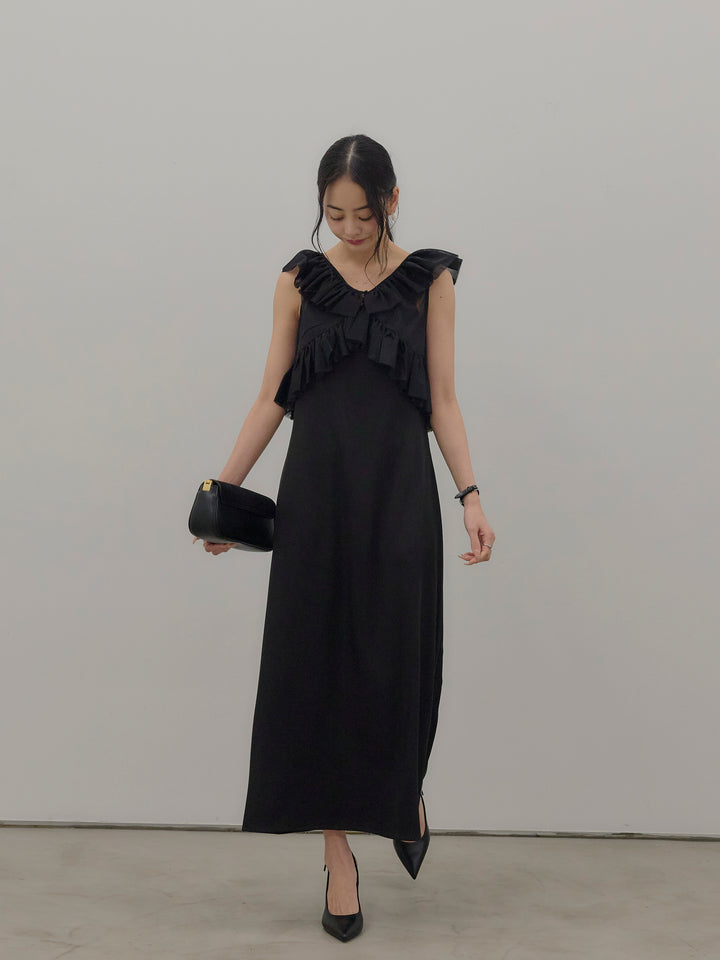 チュールフリルベスト付きツイルキャミワンピース