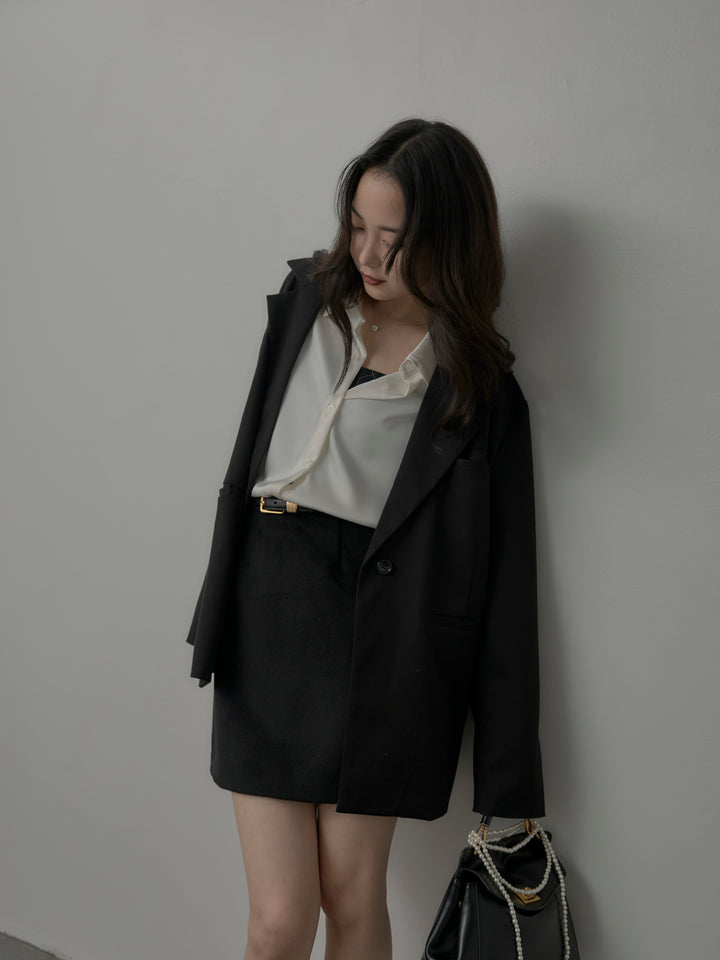 【SET】【Essential】ボックスシルエットテーラードジャケット+ケープ付きオーバーサテンシャツ+【Essential】ウールタッチミニスカート(3set)