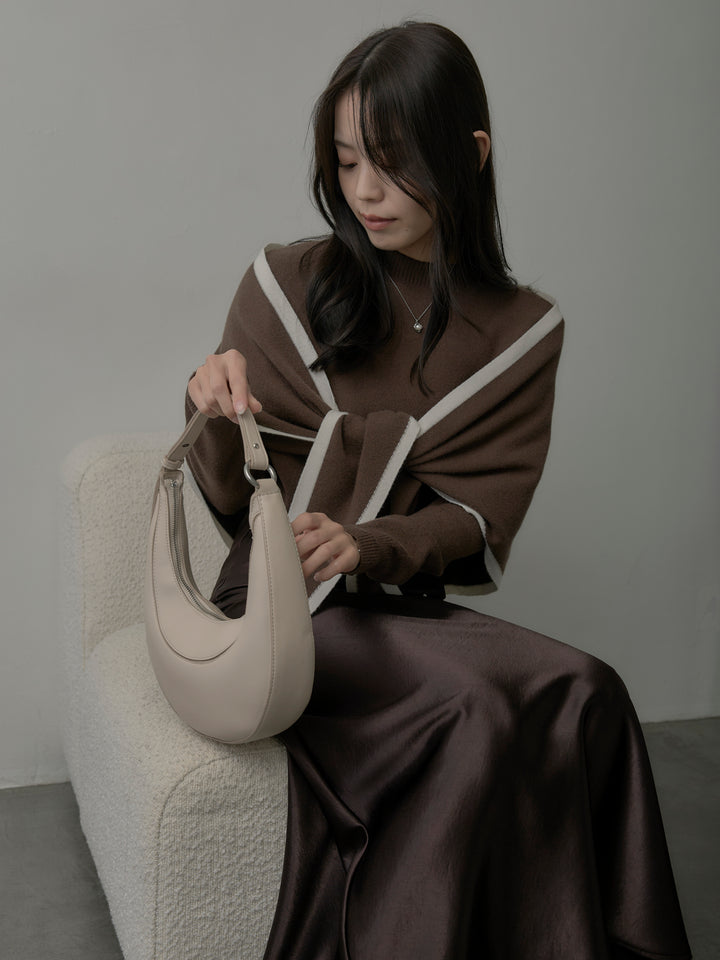 【SET】配色スカーフ付きニットトップス+ナローAラインサテンスカート(2set)