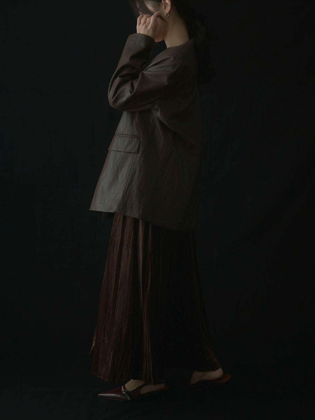 【SET】レザーノーカラージャケット+ベロアワッシャープリーツスカート(2set)