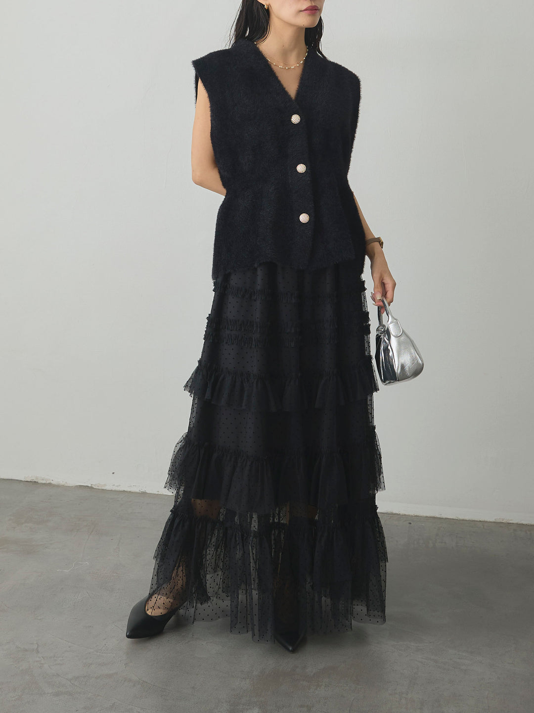 【SET】シャギーニットペプラムベスト+ドットチュールティアードスカート(2set)