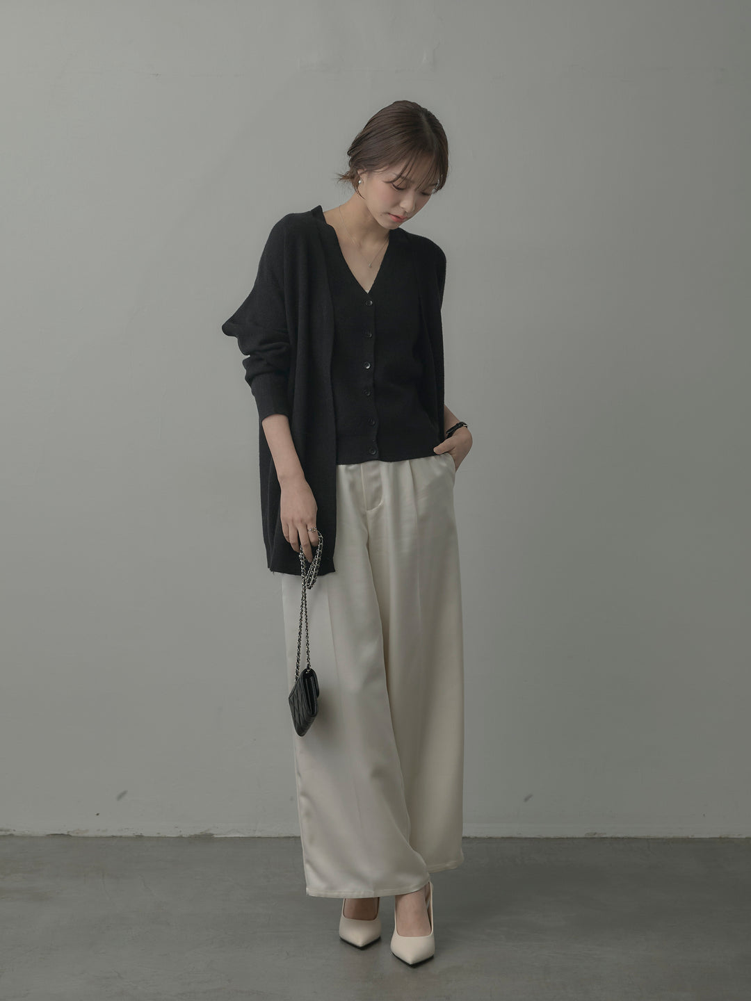 【SET】カーディガン&ニットベストアンサンブルSET+【Essential】センタープレスサテンパンツ(2set)