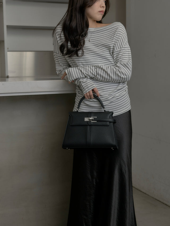 【SET】2wayショルダーボーダートップス+ナローAラインサテンスカート(2set)