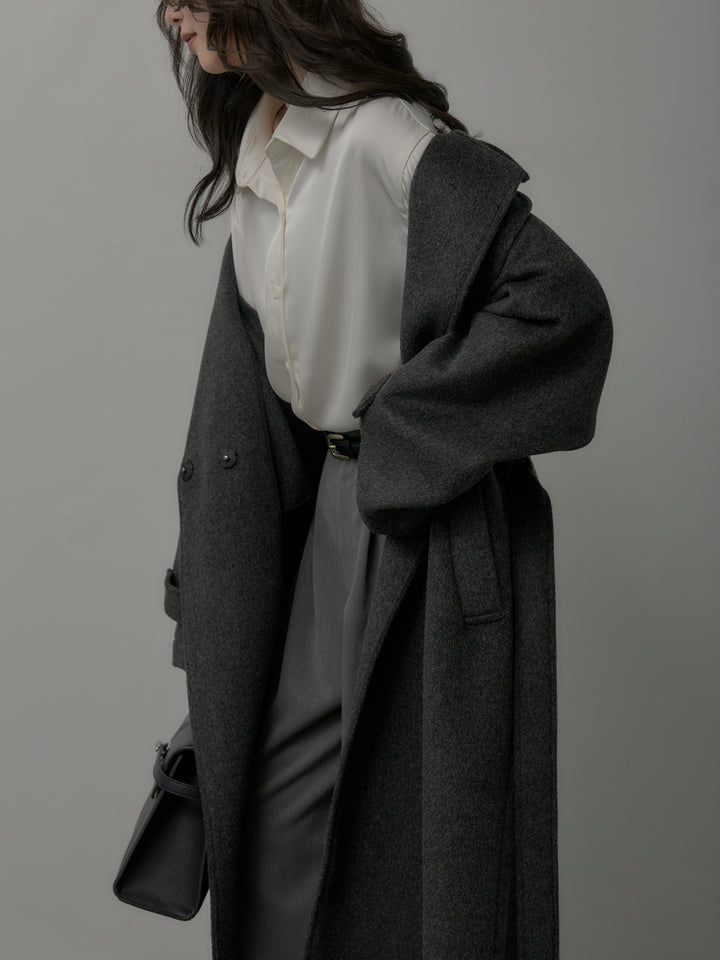 【SET】【Essential】ソフトウールリバートレンチコート+ケープ付きオーバーサテンシャツ+【Essential】３タックスラックス(3set)