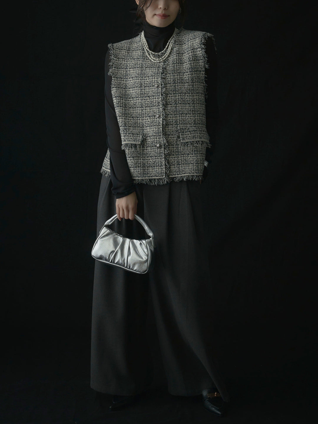 【SET】ツイードフリンジベスト+メロウフリルシアートップス+【ロープベルト付属】ウールタッチワイドパンツ(3set)