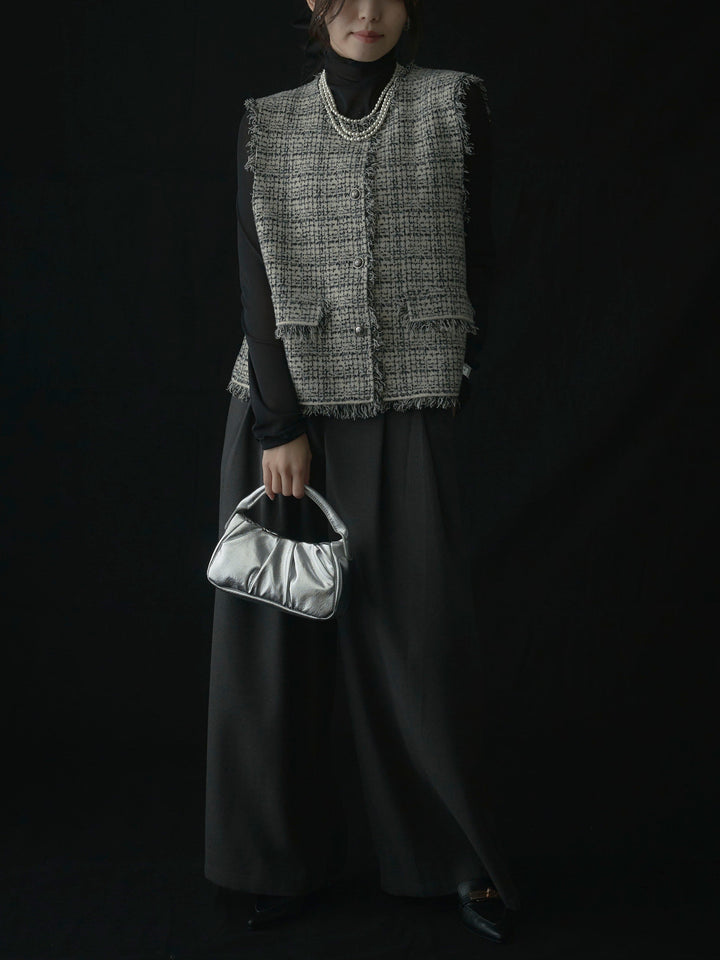 【SET】ツイードフリンジベスト+メロウフリルシアートップス+【ロープベルト付属】ウールタッチワイドパンツ(3set)