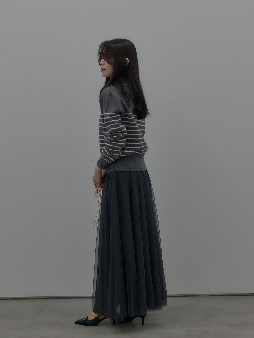 【SET】ダブルZIPハイネックボーダーニットトップス+ボリュームチュールスカート(2set)