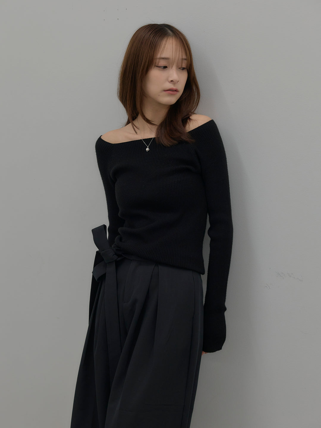 【SET】モヘアライクオーバーニットカーディガン+ウエストリボンワイドパンツ(2set)