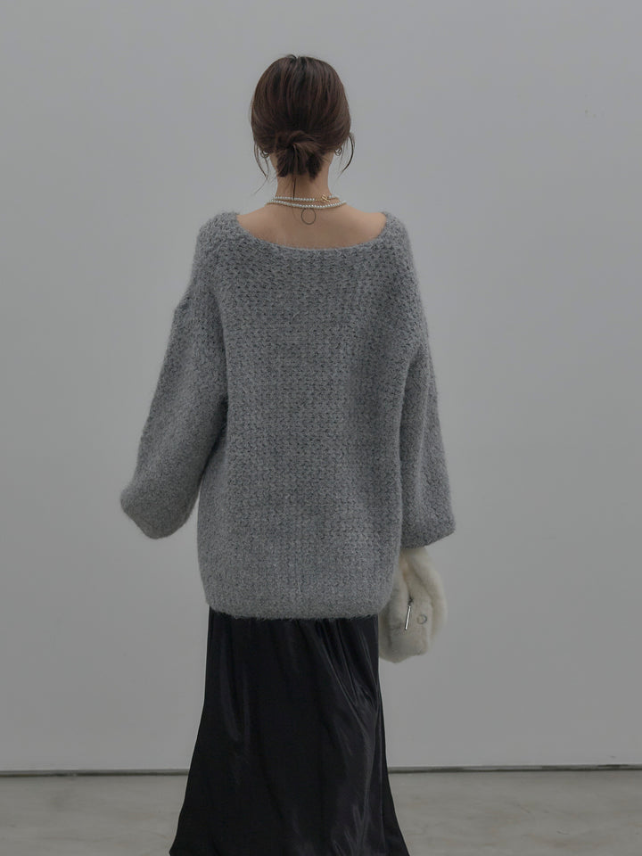 【SET】ラメ糸ローゲージ編みオーバーニットトップス+ナローAラインサテンスカート(2set)