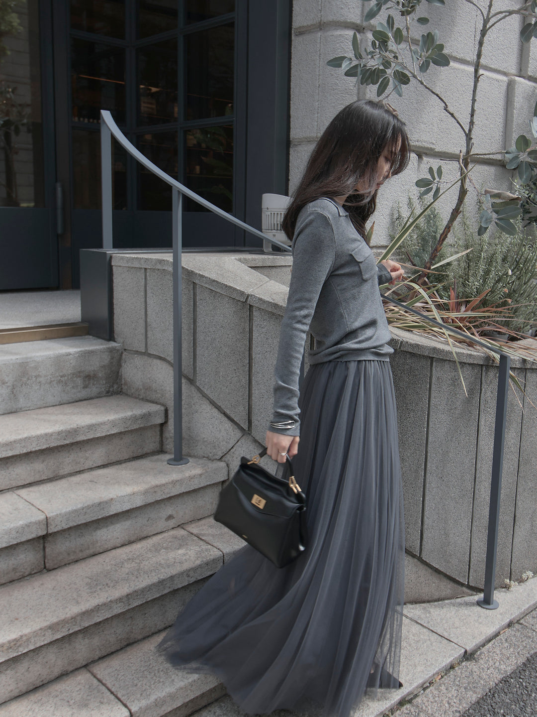 【SET】ポケットデザインリブニットトップス+ボリュームチュールスカート(2set)