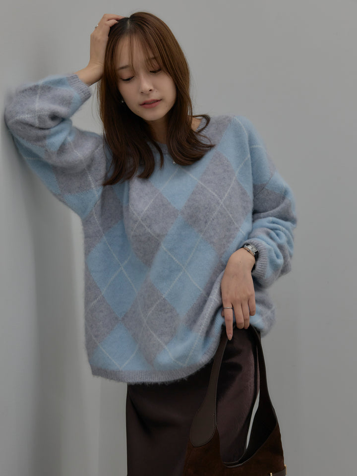 【SET】【premium touch】アーガイル柄ニットプルオーバー+ナローAラインサテンスカート(2set)