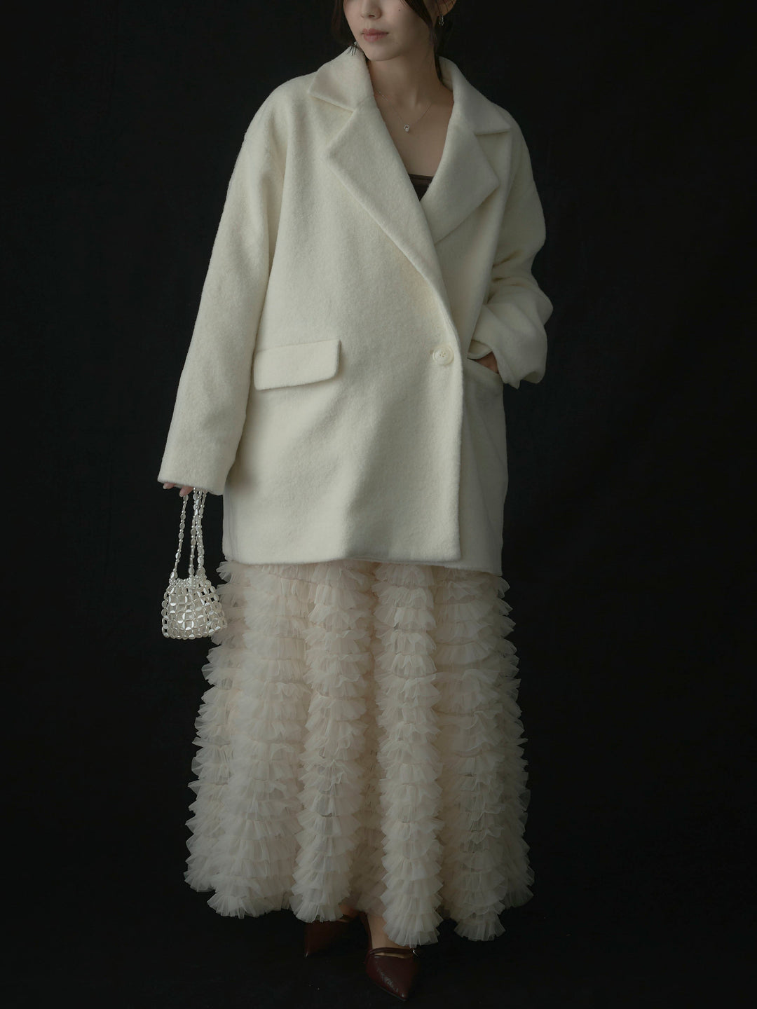 【SET】【Essential】オーバーサイズジャケットコート+ドラマチックフリルチュールスカート(2set)