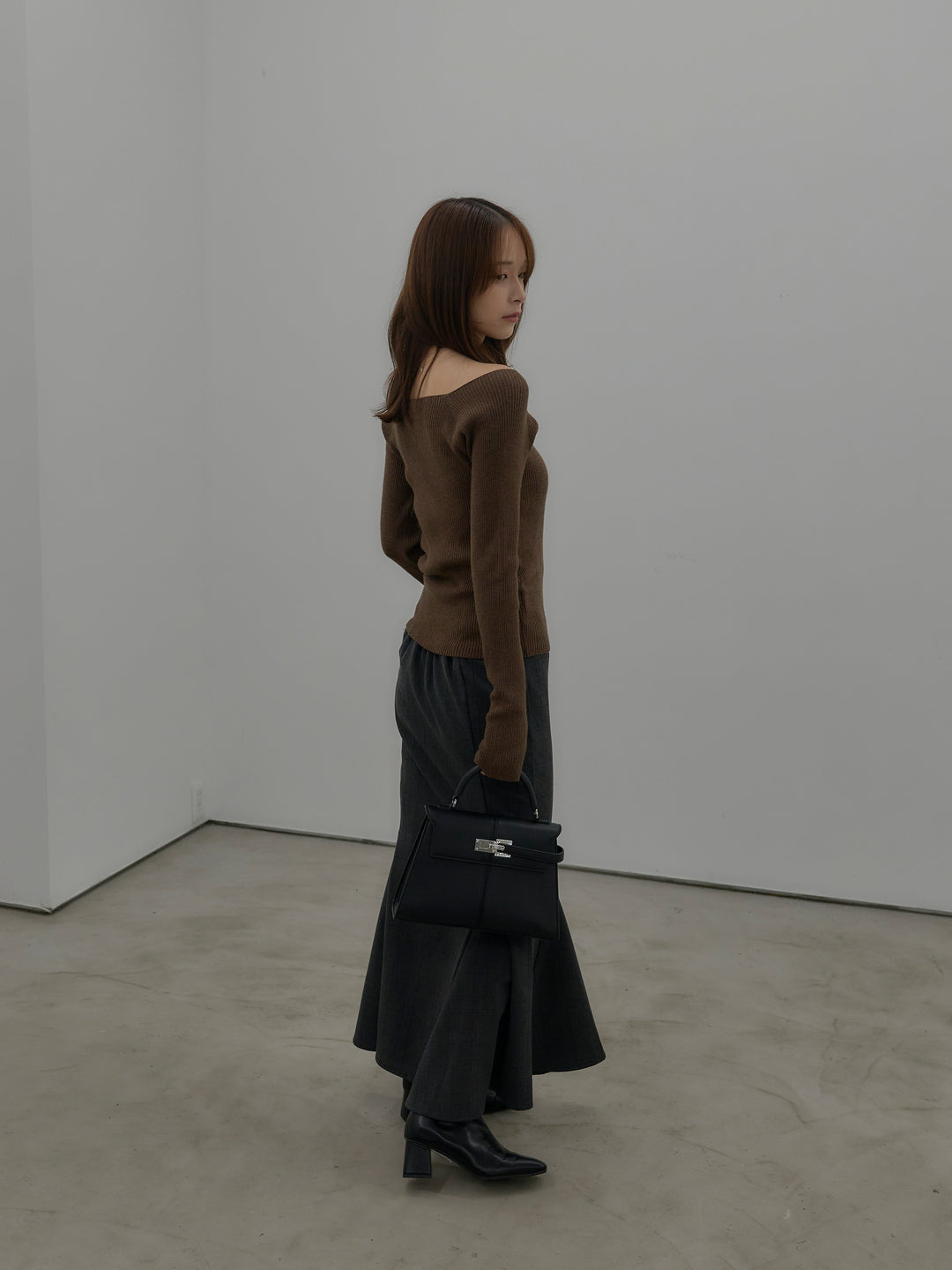 【SET】キルティングライナーウールミディアムコート+スクエアネックリブニット+【Essential】チェック柄マーメイドスカート(3set)