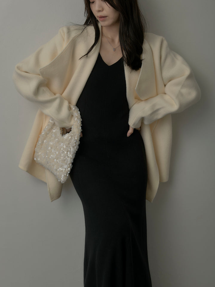 【SET】ショールカラーニットカーディガン+Vネックニットロングワンピース(2set)