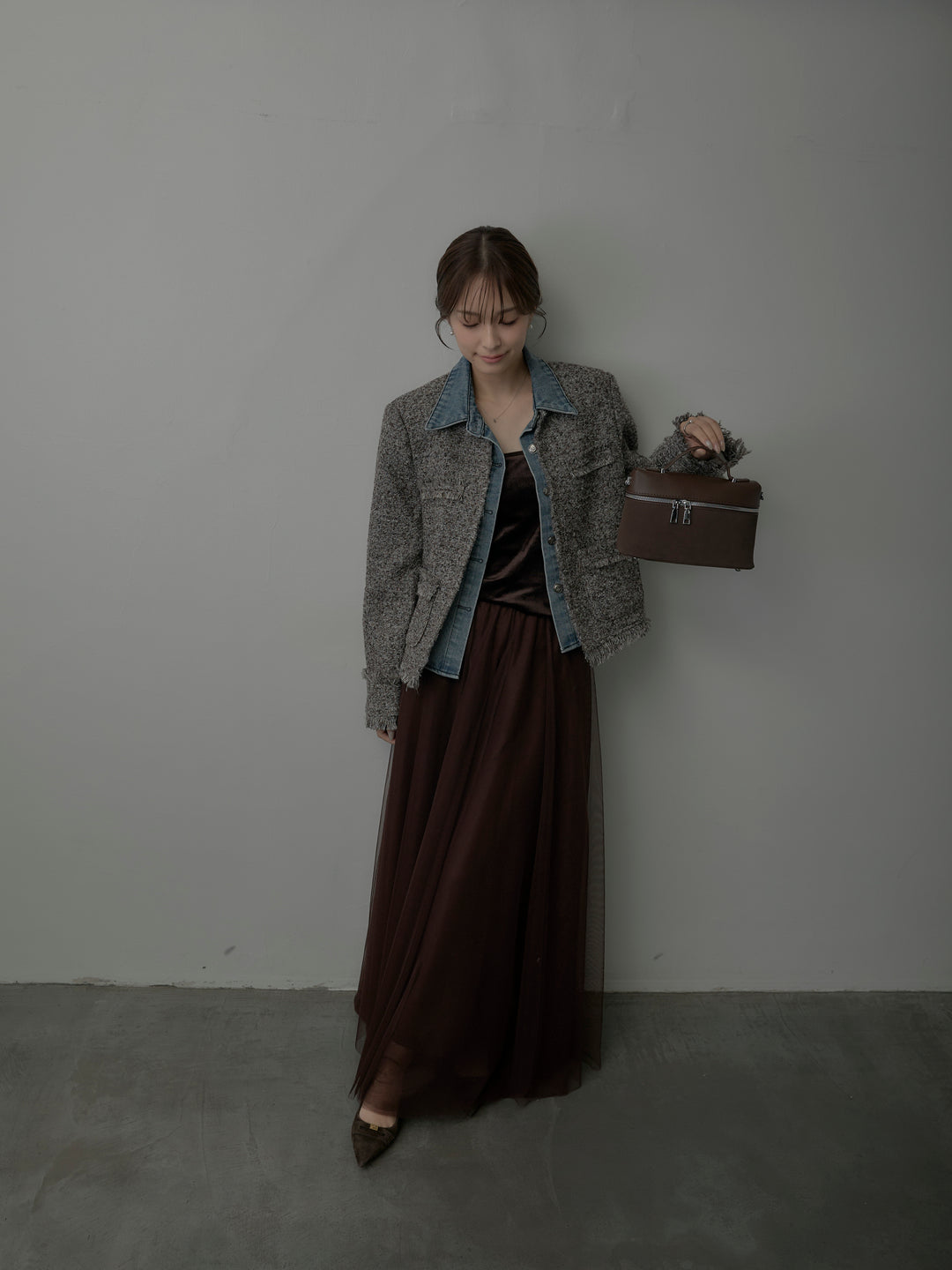 【SET】デニムドッキングオーバーサイズツイードジャケット+ボリュームチュールスカート(2set)