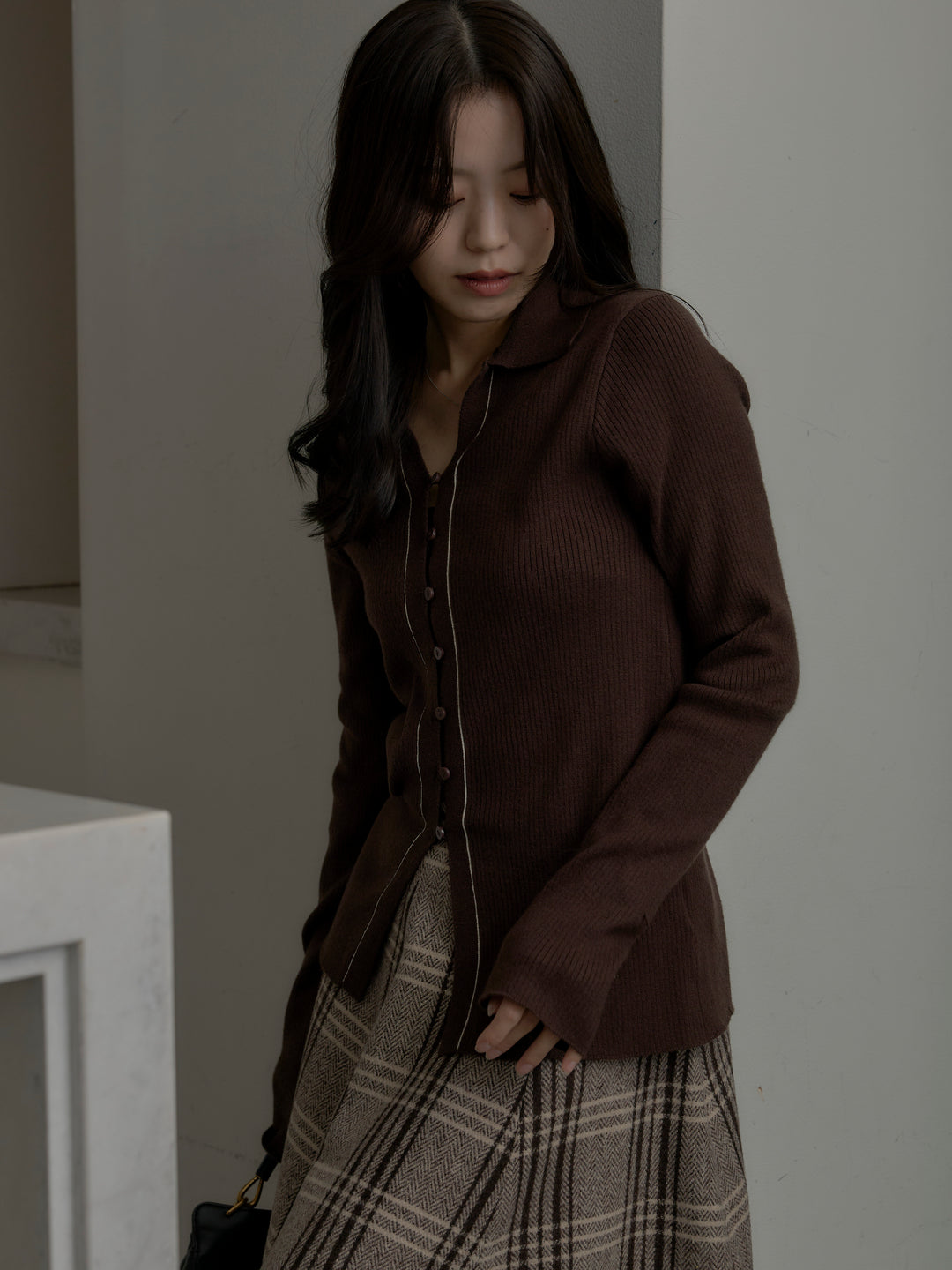 【SET】リブ配色ラインポロニットカーディガン+【Essential】クラシカルチェックウールタッチスカート(2set)