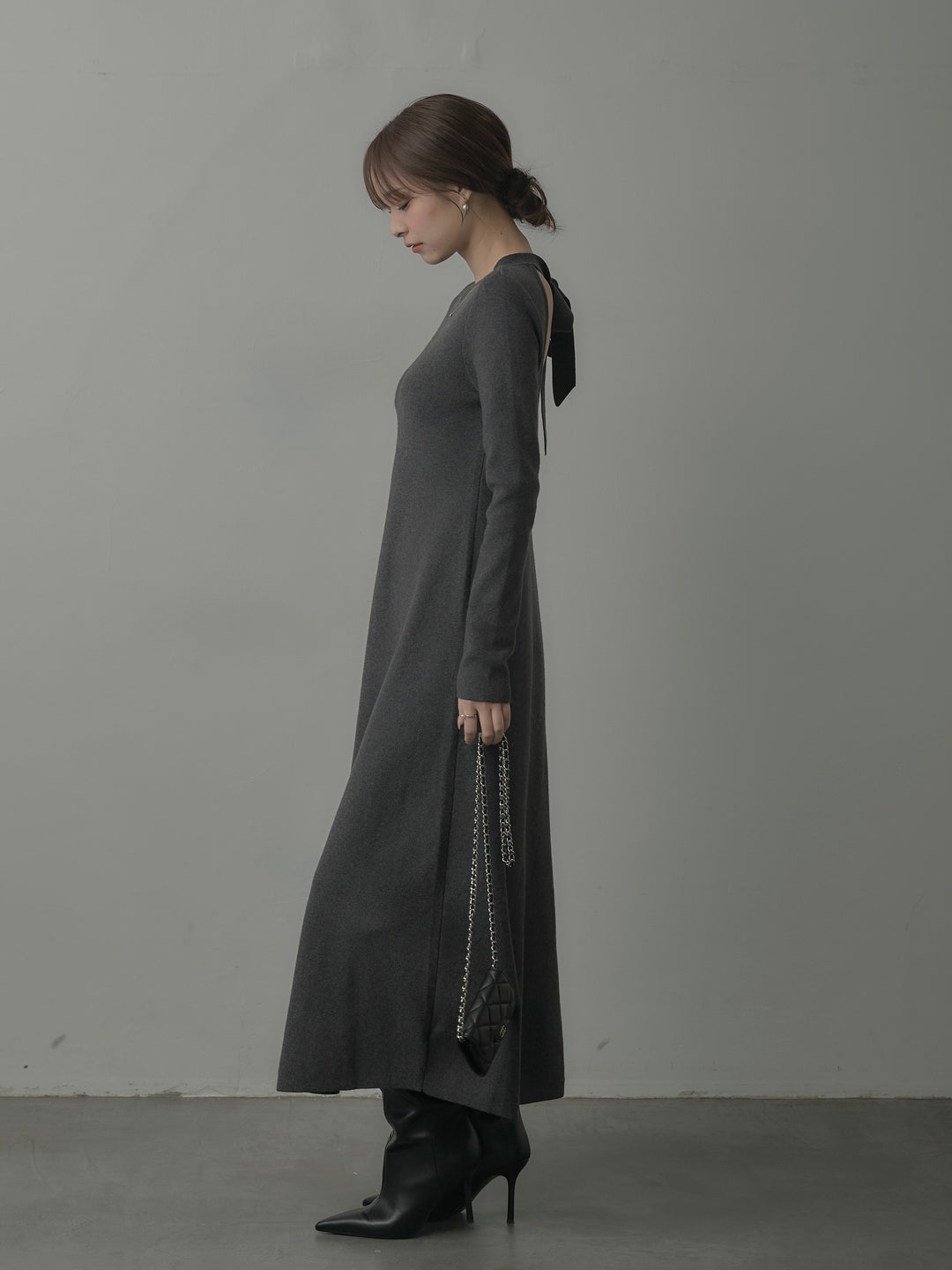 バックリボンニットロングワンピース