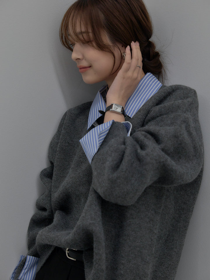 【SET】シャツドッキング肉厚ニットプルオーバー+ベルト付きプリーツミニスカート(2set)