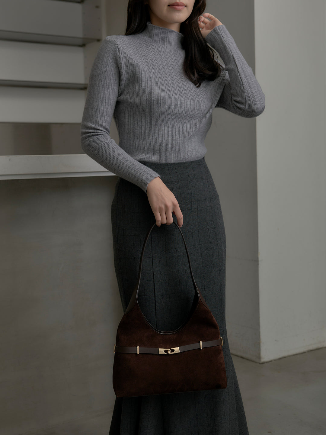 【SET】リブニットタートルネック+【Essential】チェック柄マーメイドスカート(2set)