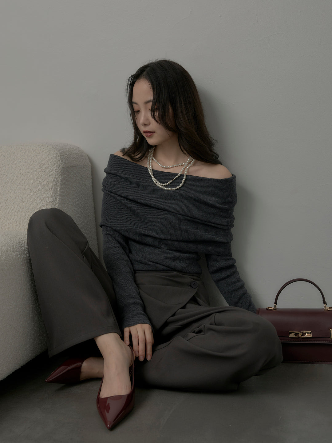 [予約]オフショルリブニットトップス