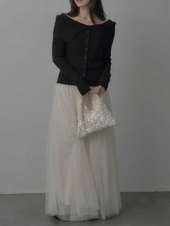 【SET】オフショルライクリブニットトップス+ボリュームチュールスカート(2set)