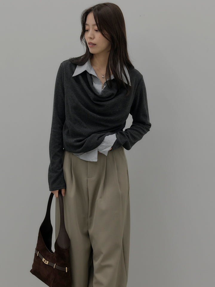 シャツレイヤードドレープニットトップス