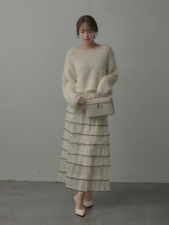 【SET】襟デザインシャギーニットトップス+バイカラーフリルチュールスカート(2set)