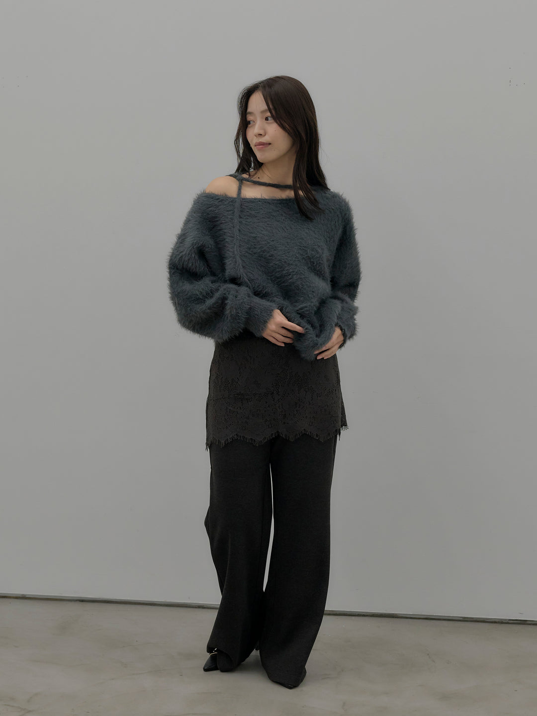 【SET】ネックリボンワンショルダーシャギーニット+レースレイヤードセミフレアパンツ(2set)