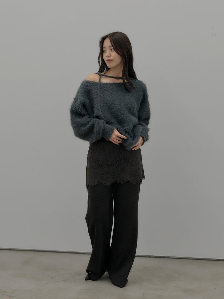 【SET】ネックリボンワンショルダーシャギーニット+レースレイヤードセミフレアパンツ(2set)